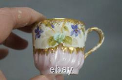 Limoges Hand Painted Purple Violets Ivory Pink & Gold Demitasse Cup & Saucer