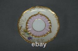 Limoges Hand Painted Purple Violets Ivory Pink & Gold Demitasse Cup & Saucer