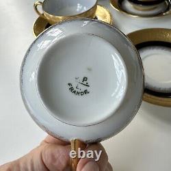 Limoges JPL Tea Cups & Saucers Cobalt Blue Fleur de Lis Gold France Pouyat 5