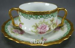 Limoges Large Pink Flowers Green & Gold Bouillon Cup & Saucer Circa 1896-1929