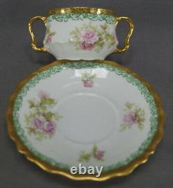 Limoges Large Pink Flowers Green & Gold Bouillon Cup & Saucer Circa 1896-1929