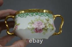 Limoges Large Pink Flowers Green & Gold Bouillon Cup & Saucer Circa 1896-1929