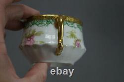 Limoges Large Pink Flowers Green & Gold Bouillon Cup & Saucer Circa 1896-1929