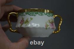 Limoges Large Pink Flowers Green & Gold Bouillon Cup & Saucer Circa 1896-1929