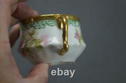 Limoges Large Pink Flowers Green & Gold Bouillon Cup & Saucer Circa 1896-1929