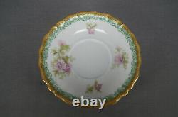 Limoges Large Pink Flowers Green & Gold Bouillon Cup & Saucer Circa 1896-1929