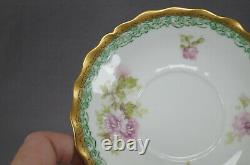 Limoges Large Pink Flowers Green & Gold Bouillon Cup & Saucer Circa 1896-1929