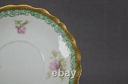 Limoges Large Pink Flowers Green & Gold Bouillon Cup & Saucer Circa 1896-1929