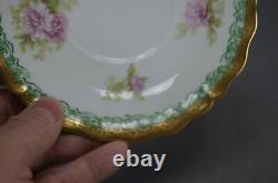 Limoges Large Pink Flowers Green & Gold Bouillon Cup & Saucer Circa 1896-1929