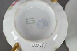 Limoges Large Pink Flowers Green & Gold Bouillon Cup & Saucer Circa 1896-1929