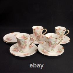 Limoges PM de M Old Abbey Set 4 Chocolate Cups & 6 Saucers Pink Gold 1908-1913