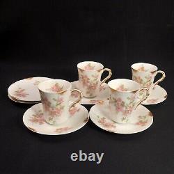 Limoges PM de M Old Abbey Set 4 Chocolate Cups & 6 Saucers Pink Gold 1908-1913