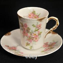 Limoges PM de M Old Abbey Set 4 Chocolate Cups & 6 Saucers Pink Gold 1908-1913
