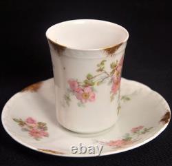 Limoges PM de M Old Abbey Set 4 Chocolate Cups & 6 Saucers Pink Gold 1908-1913 Limoges PM de M Old Abbey Set 4 Chocolate Cups & 6 Saucers Pink Gold 1908-1913