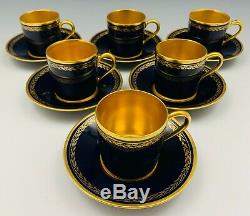 Limoges Sevres Style Set of 6 Demitasse Cup & Saucers Cobalt Gold French Empire