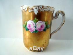 Limoges T&V Chocolate Cup Saucer Cabbage Roses Gilded Gold HP Floral France 1900