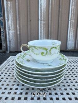 Limoges Tea Cup & Saucer Set Green Gold Scroll Design 6 Cups 7 Saucers