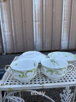 Limoges Tea Cup & Saucer Set Green Gold Scroll Design 6 Cups 7 Saucers