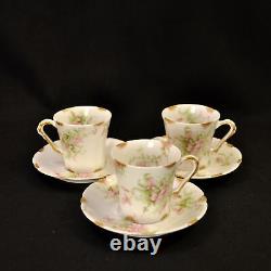 Limoges Theodore Haviland 3 Cups & Saucers Demi Chocolate Pink withGold 1903-1925