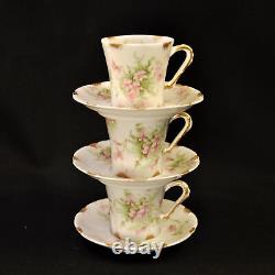 Limoges Theodore Haviland 3 Cups & Saucers Demi Chocolate Pink withGold 1903-1925