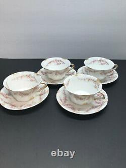 Limoges Theodore Haviland Set of 4 Tea Cups and Saucers Pink Rose withGold France