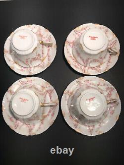 Limoges Theodore Haviland Set of 4 Tea Cups and Saucers Pink Rose withGold France
