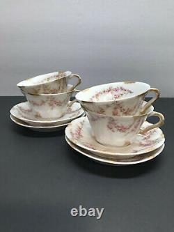 Limoges Theodore Haviland Set of 4 Tea Cups and Saucers Pink Rose withGold France