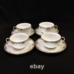 Limoges Vignaud 4 Cups & Saucers The Meuse Red Yellow Blue Gold 1911-1920