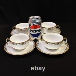 Limoges Vignaud 4 Cups & Saucers The Meuse Red Yellow Blue Gold 1911-1920
