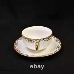 Limoges Vignaud 4 Cups & Saucers The Meuse Red Yellow Blue Gold 1911-1920