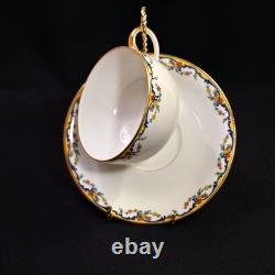 Limoges Vignaud 4 Cups & Saucers The Meuse Red Yellow Blue Gold 1911-1920