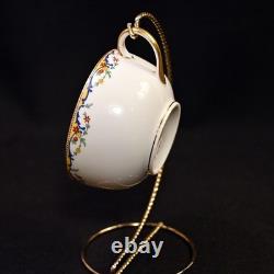 Limoges Vignaud 4 Cups & Saucers The Meuse Red Yellow Blue Gold 1911-1920