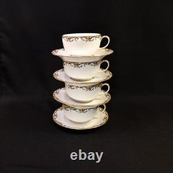 Limoges Vignaud 4 Cups & Saucers The Meuse Red Yellow Blue Gold 1911-1920