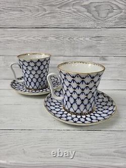 Lomonosov Cobalt Blue & Gold Net Russian Imperial Porcelain Cup & Saucer X2. PW