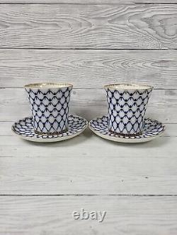 Lomonosov Cobalt Blue & Gold Net Russian Imperial Porcelain Cup & Saucer X2. PW