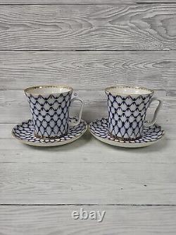 Lomonosov Cobalt Blue & Gold Net Russian Imperial Porcelain Cup & Saucer X2. PW