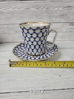 Lomonosov Cobalt Blue & Gold Net Russian Imperial Porcelain Cup & Saucer X2. PW