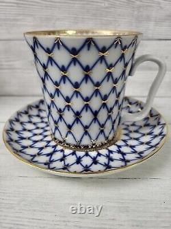 Lomonosov Cobalt Blue & Gold Net Russian Imperial Porcelain Cup & Saucer X2. PW