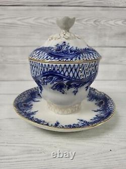 Lomonosov Russian Imperial Porcelain Blue, White & Gold Cup, Lid & Saucer. PW