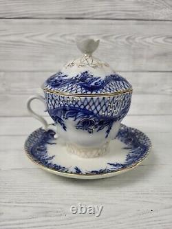 Lomonosov Russian Imperial Porcelain Blue, White & Gold Cup, Lid & Saucer. PW