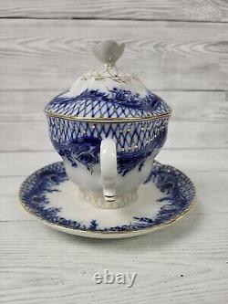 Lomonosov Russian Imperial Porcelain Blue, White & Gold Cup, Lid & Saucer. PW