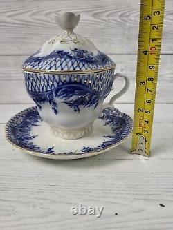 Lomonosov Russian Imperial Porcelain Blue, White & Gold Cup, Lid & Saucer. PW