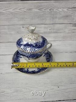 Lomonosov Russian Imperial Porcelain Blue, White & Gold Cup, Lid & Saucer. PW