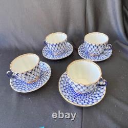 Lomonosov Set of 4 Fish net patterned Cups & Saucers Blue & gold on white