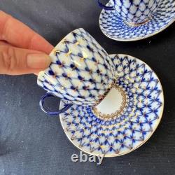 Lomonosov Set of 4 Fish net patterned Cups & Saucers Blue & gold on white