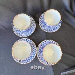 Lomonosov Set of 4 Fish net patterned Cups & Saucers Blue & gold on white