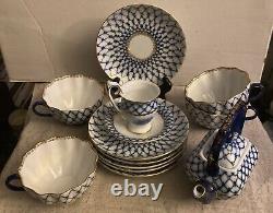 Lot Of 13 (?) Emperial Russia China Tea Set Cobalt Gold 4 Cups 6 Saucers, Etc