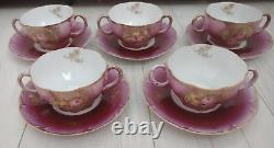 Lot of 5 Royal Crown Bavaria Double Handle Floral Tea Cups and Saucers Gold Trim