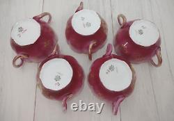 Lot of 5 Royal Crown Bavaria Double Handle Floral Tea Cups and Saucers Gold Trim