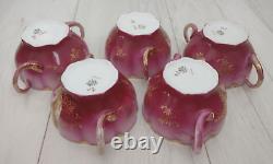 Lot of 5 Royal Crown Bavaria Double Handle Floral Tea Cups and Saucers Gold Trim